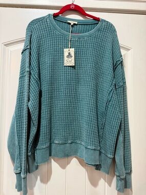 easel Teal Waffle-Knit Scoop Crew Pullover